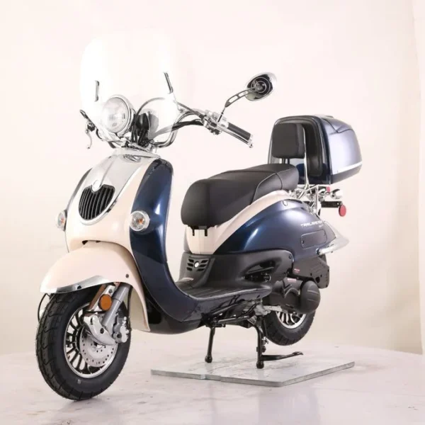 Trailmaster Sorrento 200A Retro Style Scooter, 98% Assembled, Larger Engine 168.9 cc, 4 Stroke, Air cooled, Single cylinder, Locking Trunk, Windshield, Electric Start